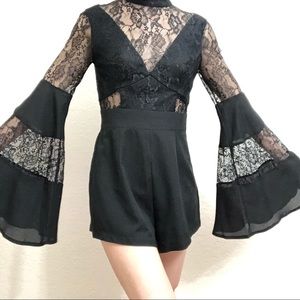 Tobi Black Bell Sleeved Lace Romper